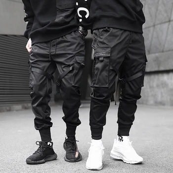 Hombres Pantalones De Carga De Cintas Negras Bloque Multi-Bolsillo 2021 Harén De Corredores De Harajuku Sweatpant Hip Hop Casual Masculina Pantalones