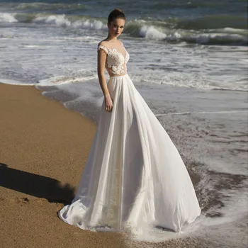 Boda en la playa Vestidos de 2021 Backless Sexy fractura del Lado Bohemio Vestido de Novia Apliques de Encaje de la Boda vestido Vestido de fiesta vestido de noiva