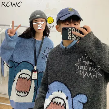 RCWC Suéteres de las Mujeres Tiburón Par de Ropa de Otoño Invierno de la Mujer Suéter de dibujos animados Lindo Kawaii Jersey Suelto Superior Femme Chandails