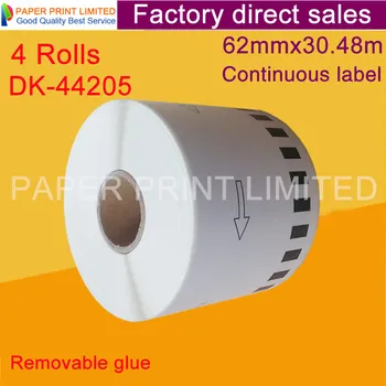 4 Recarga de Rollos DK-44205 DK44205 Etiqueta Pegamento Extraíble 62mm*30.48 M Continua Compatible DK-4205