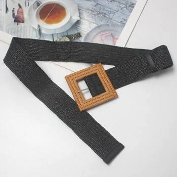 Nuevo Diseño Casual Chica de la Plaza de hebilla Grande de resina elástica cinturón de Paja Cinturones de Tejido Trenzado Pretinas de la Venta Caliente de la correa para el vestido de abrigo