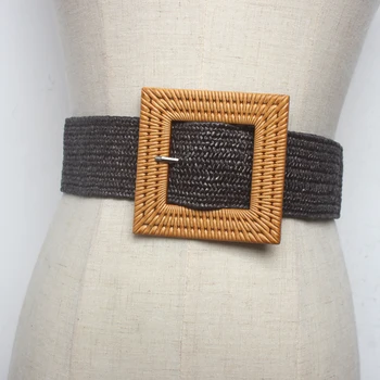 Nuevo Diseño Casual Chica de la Plaza de hebilla Grande de resina elástica cinturón de Paja Cinturones de Tejido Trenzado Pretinas de la Venta Caliente de la correa para el vestido de abrigo
