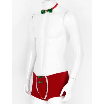 TiaoBug los Hombres de la ropa interior Roja Suave Terciopelo de Navidad de la Ropa interior de Vacaciones de Lujo Traje de la Protuberancia de la Bolsa de boxers Calzoncillos con Pajarita