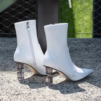 Transparente de cristal de Tacón Alto Botas de Tobillo de las mujeres punta del dedo del pie de cuero de patente tramo corto botas de otoño de la pista de zapatos para damas