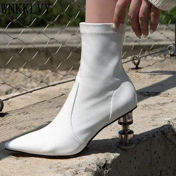 Transparente de cristal de Tacón Alto Botas de Tobillo de las mujeres punta del dedo del pie de cuero de patente tramo corto botas de otoño de la pista de zapatos para damas