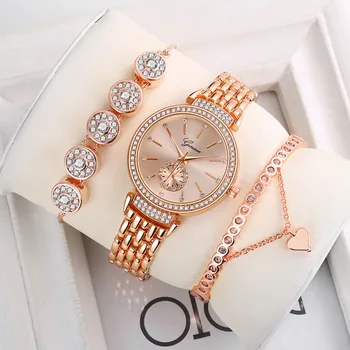 3PCS/Set Relojes de las Mujeres de la Mujer de las Señoras de los Regalos de Cuarzo de la Pulsera del Encanto Conjunto relojes Para las Mujeres de las Niñas reloj de Pulsera de diamantes de imitación Reloj de Mujer