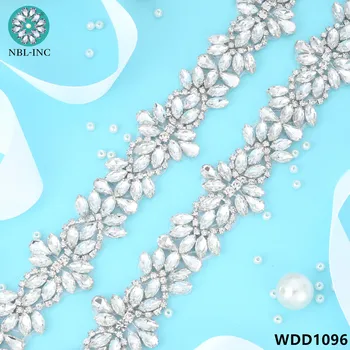 (1 yarda) de Novia a mano con cuentas de plata de cristal de diamante de imitación de apliques de recorte de BRICOLAJE de coser plancha para el vestido de boda WDD1096