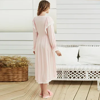 Las Señoras rosa Dama Camisón Vintage de Encaje de Algodón ropa de cama de las Mujeres de color Blanco Elegante ropa de dormir Vestido de manga Larga Pijama