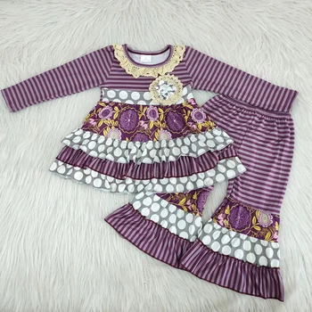Nueva llegada de la moda de invierno de los niños traje de chica de color púrpura parte superior y los pantalones de campana 2 pcs de las niñas de bebé de punto y encaje traje