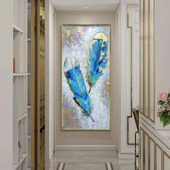 Único regalo de Navidad pintadas a mano en azul y oro de la pluma de resumen de la lona pintura al óleo arte de la pared de la imagen para Entrancn