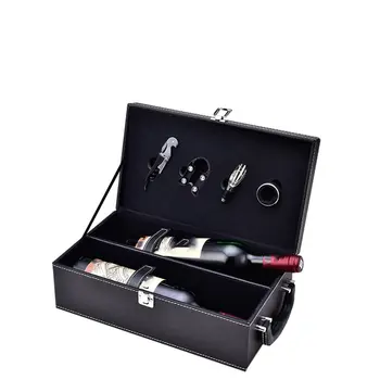 Doble stick de la caja de vino con abridor de botellas caja de regalo de vino de la caja del diamante de la pu de cuero de vino de la caja de embalaje negro asa en la parte superior