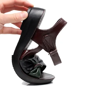 Sandalias De Plataforma De Las Mujeres Sandalias Para La Madre De Verano Zapatos De Cuña De Gancho Lazo De Cuero Sandalias Fondo Suave Zapatos Mujer Tamaño 35-41