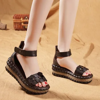 2018 verano Genuino cuero sandalias de flores de punta abierta de ocio zapatos de Mujer impermeable Taiwán sandalia Romana