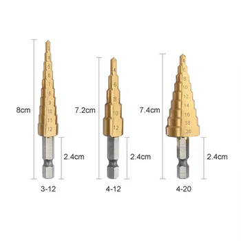 3Pcs Métrica Espiral de la Flauta Forma de Agujero Cortador de 3 a 12 años/20/32mm Cono de Perforación de Titanio Broca HSS de Acero Paso de Afilar a Mano las Piezas de la Herramienta