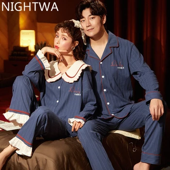 NIGHTWA Dulce Pijama Traje de Algodón Pijamas Par de Conjuntos de ropa de dormir de la Familia Pijama Amante Traje de Noche de Dormir de las Mujeres Y el Hombre del Sueño 2PC