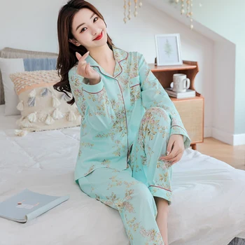 Las mujeres Suave Algodón Pijamas de corea del PJ de manga Larga Pijama de botones de la Primavera ropa de dormir de las Señoras Conjunto de Bedgown Camisones para Mujeres