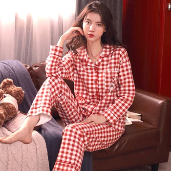 Las mujeres Suave Algodón Pijamas de corea del PJ de manga Larga Pijama de botones de la Primavera ropa de dormir de las Señoras Conjunto de Bedgown Camisones para Mujeres