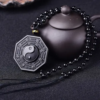 FYJS Único Negro Obsidiana Yin Yang Ocho Trigramas Colgante hecho a Mano de Perlas de Collar de Cadena Estilo Clásico de la Joyería