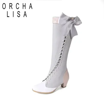 ORCHA LISA gran tamaño de las mujeres linda Lolita de la rodilla botas gruesos zapatos de tacón alto zapatos de cosplay bowtie botas largas botines negro gris Zapatos