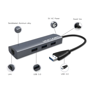 USB 3.0 a Gigabit Ethernet Adaptador 3-Port USB 3.0 Hub de Autobús w/ 10/100/1000 RJ45 LAN Gigabit Ethernet Puerto Convertidor de CONCENTRADORES Wavlink