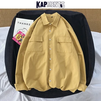 KAPMENTS Harajuku Sólido Camisa de Manga Larga Para Hombre 2020 Algodón Bolsillos Streetwear Camisetas Masculino de corea Moda de Ropa de gran tamaño
