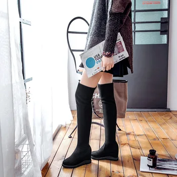 SWYIVY Estirar La Rodilla Altura de Botas para la Nieve de Mujer con Cuña de 2018 Otoño Invierno de Terciopelo Caliente de la Moda de Señora, Zapatos de Plataforma Botas de Nieve