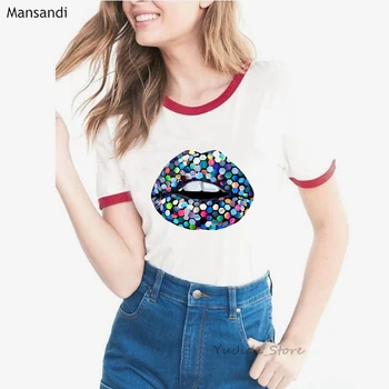 Arco iris de Lentejuelas Labios Impreso Camiseta de las Mujeres que conforman el Arte de la Camiseta del Orgullo Lgbt de Amor Gay Lesbianas camiseta femme verano tops t-shirt