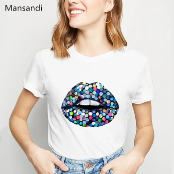 Arco iris de Lentejuelas Labios Impreso Camiseta de las Mujeres que conforman el Arte de la Camiseta del Orgullo Lgbt de Amor Gay Lesbianas camiseta femme verano tops t-shirt