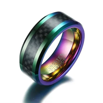Corea Nueva Moda Caliente de la venta del arco iris de 8 mm de Acero de Tungsteno + Fibra de Carbono del Anillo Azul de los Hombres del Anillo de la Joyería