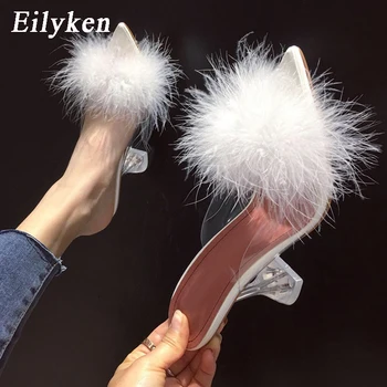 Eilyken Nuevo Diseño Blanco Esponjoso Punta del Dedo del pie Zapatillas de Mujer de PVC Transparente Jalea Sandalias de Metacrilato de Vidrio Pico de los Tacones de los Zapatos de las Bombas