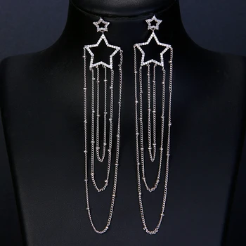 2019 Moda Larga Borla Pendientes de la Gota para las Mujeres AAA Cubic Zirconia Estrellas Cuelgan Aretes de Plata de Color Jewelary Accesorios