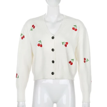 Cherry Bordado Lindo Cardigan De Punto Otoño De La Mujer De Ocio Botón Vintage De Cultivo Suéter Básico De Cuello V De Invierno 2020 Cardigan