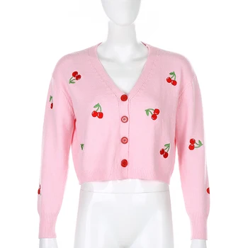 Cherry Bordado Lindo Cardigan De Punto Otoño De La Mujer De Ocio Botón Vintage De Cultivo Suéter Básico De Cuello V De Invierno 2020 Cardigan