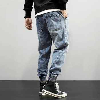Japonés Hombres De La Moda De Jeans Retro Azul Empalmados Diseñador De Harén Pantalones De Mezclilla Pantalones De Carga De Ropa De Hip Hop Pantalones Vaqueros De Los Hombres De Los Corredores