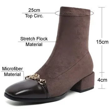 2021 de la Moda de Invierno de las Mujeres Botas de Tobillo Estiramiento Rebaño de Patchwork Dama Casual de Cadena de Metal de pies Cuadrados de Bloque Tacones Slip-on Calcetín Botas