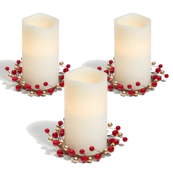 3Pcs Vela Anillos para Pilares,Rojo y Oro, Pequeñas Coronas de flores para Navidad,Rústico de la Boda Centro de mesa o Decoración de la Mesa