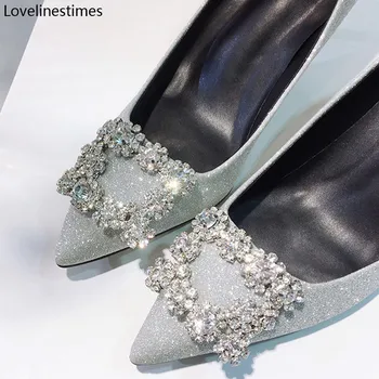 Plata Zapatos De Novia Zapatos De Tacón Alto Zapatos De Mujer Material Brillante Cuadrado Diamantes De Imitación Hebilla Señaló Fiesta De La Moda Sexy De Las Mujeres Zapatos De Las Bombas