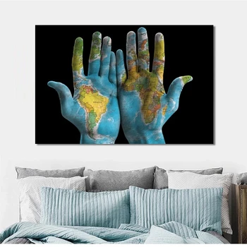 Pintura en tela, Estampados Cartel Mapa del Mundo En Manos de Imágenes de la Pared por Pared de la Sala de Arte de la Decoración del Hogar Moderno Arte de la Pared de la Imagen