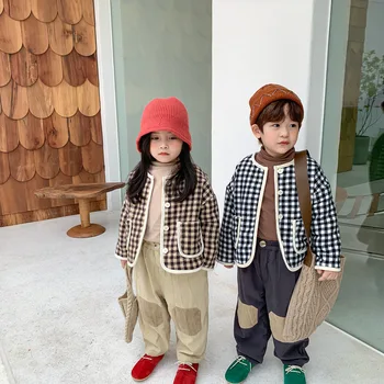 La Moda de invierno Chicas Chicos Calientes Espesar Acolchado a Cuadros Abrigos de Bebé Niño O-Cuello de un Solo pecho de Chaquetas de Lana Outwear Estilo coreano