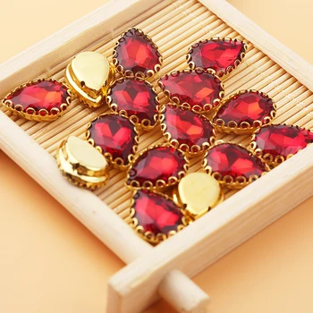 RESEN 10x14mm 20pcs/lot color Rojo en forma de Lágrima en la Costura de diamantes de Imitación de las planas Coser diamantes de Imitación de Oro de la Garra de Siam de la Gota de la Piedra de Vestir Accesorios