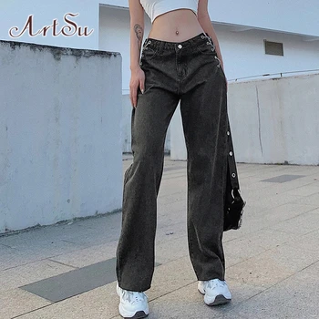 ArtSu Sexy Jeans de Mezclilla de las Mujeres Harajuku Streetwear de Cintura Alta del Hueco de la Cadena de Denim Jean Slim Mujer Casual Pantalones Vaqueros SH28008