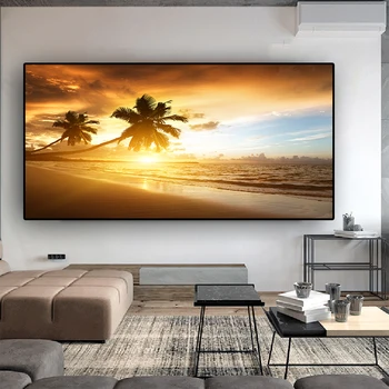 Árbol de coco puestas de sol de la Playa del Mar del Paisaje Posters y las Impresiones de la Lona de Pintura Panorama Escandinavos Pared de Foto para la Sala de estar