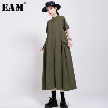 [EAM] las Mujeres del Ejército Verde Plisado Vestido Largo Nuevo Soporte de Cuello de Manga Corta Floja Marea de la Moda Primavera Otoño 2021 1X937