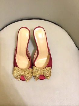 VIISENANTIN las mujeres de verano de lujo diapositivas banquete de la moda de diamantes de imitación de bowtie zapato de tacón grueso de la gema deocr peep toe de raso de la zapatilla