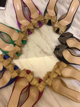VIISENANTIN las mujeres de verano de lujo diapositivas banquete de la moda de diamantes de imitación de bowtie zapato de tacón grueso de la gema deocr peep toe de raso de la zapatilla