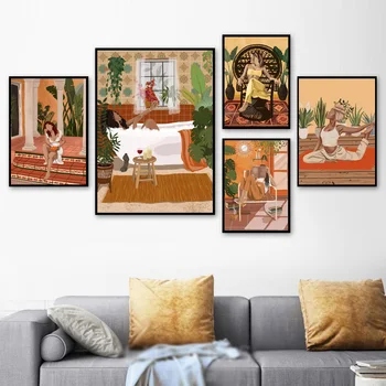 Resumen las niñas de la Moda de la Lectura de yoga Resto de la Hoja de Palma Nórdicos Cartel de Arte de la Pared de Impresión de la Lona de Pintura de Decoración de Fotos Para la Sala de estar