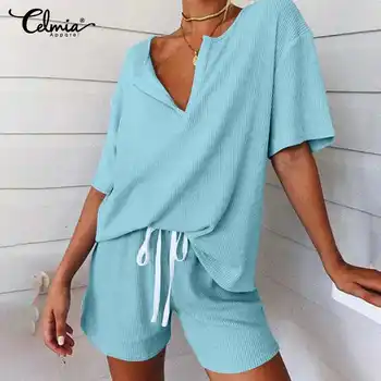 Pijamas, Conjuntos de Celmia Pijamas para Mujeres 2021 Verano Sólido Conjuntos de ropa de dormir Ropa de Hogar Loungewear Sala de Desgaste de Dos piezas de Más Tamaño 5XL