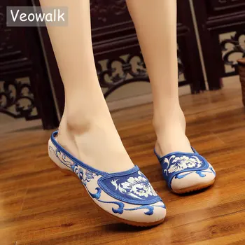 Veowalk Artesanal de Verano de las Mujeres de la Comodidad de Lona Zapatillas Floral Bordado Chino Viejo Beijing Zapatos de la Diapositiva para Damas Fuera de