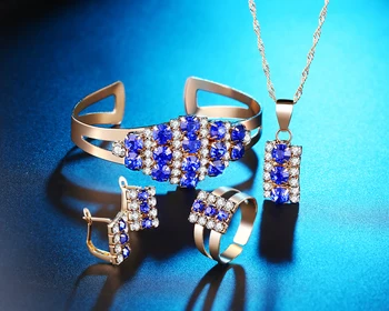 Nueva parte Superior de la Placa de Oro de la Flor de la Joyería Conjunto azul y claro Cúbicos Circón collar+Aretes+Anillo+brazalete de las Mujeres de la Joyería de la Boda Conjuntos de