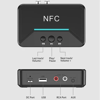 Bluetooth 5.0 Receptor Adaptador NFC de 3,5 mm de Audio RCA de Salida AUXILIAR Inalámbrica Bluetooth Estéreo Receptor de Altavoz del Amplificador